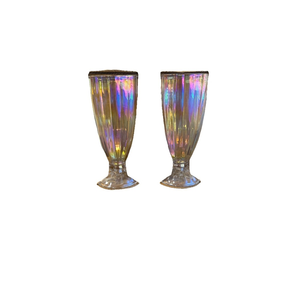 Set of 2  Rare Retro Soda Fountain Milkshake/Float Ribbed Footed Glasses 7.5"